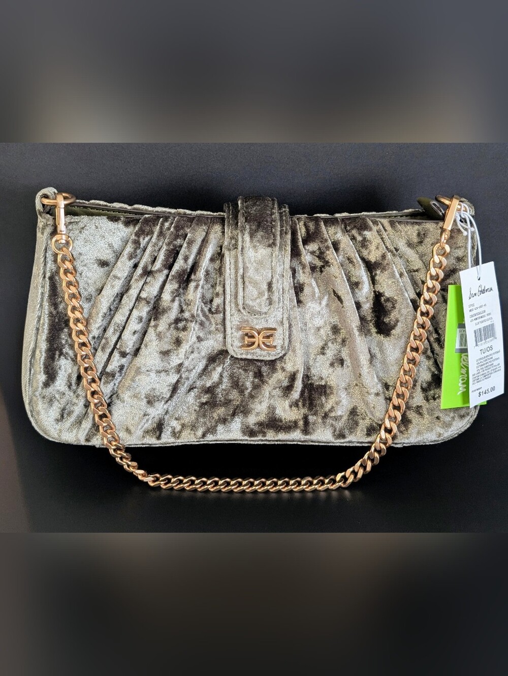 NWT Sam Edelman Ellie Pleated Velvet Shoulder Bag Winter Moss Rose Gold Chain
